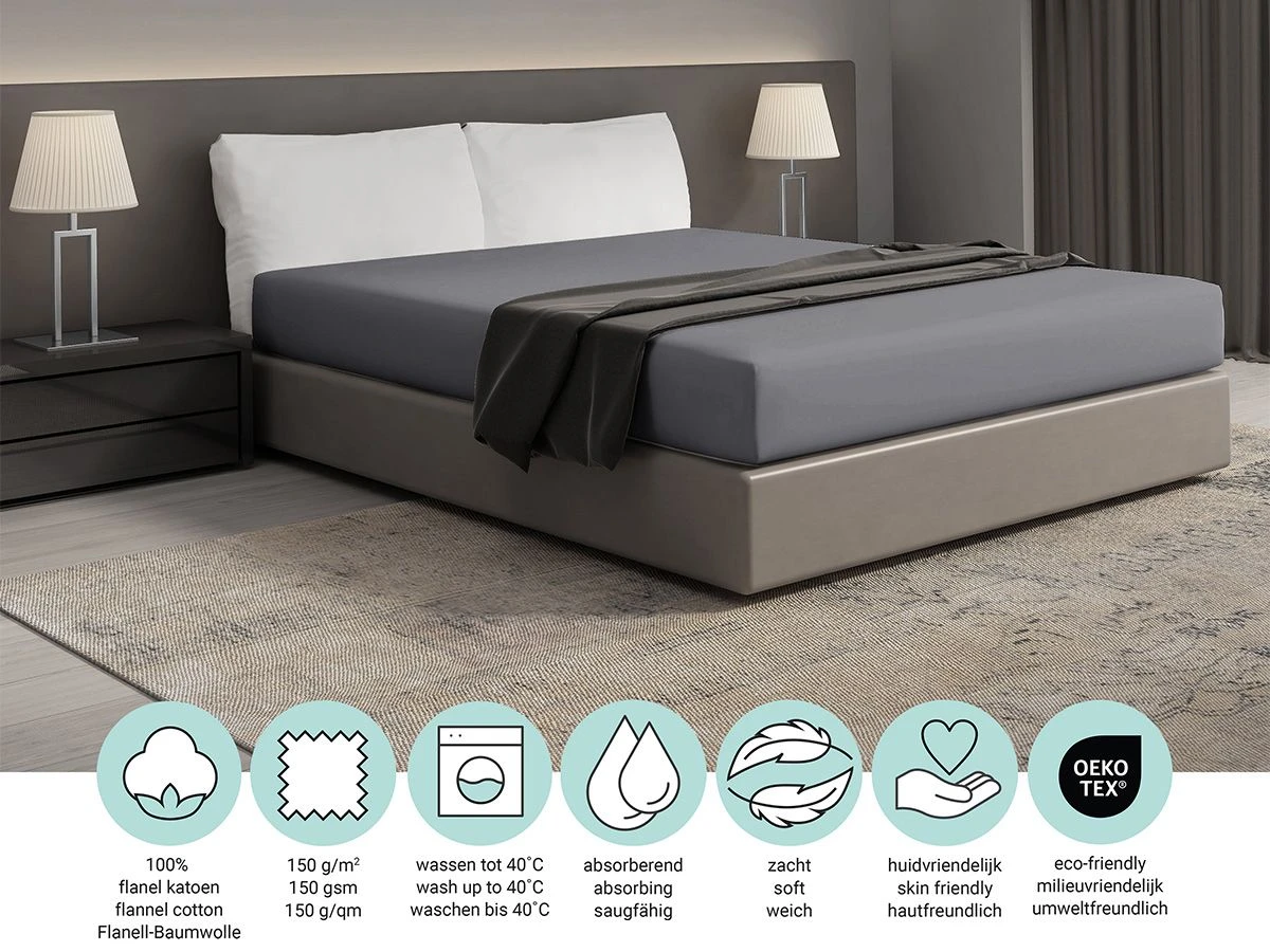 DoubleDry Flanel 140x200 Cm Hoeslaken - Grijs 4 DoubleDry Flanel 140x200 Cm Hoeslaken - Grijs - Afbeelding 4