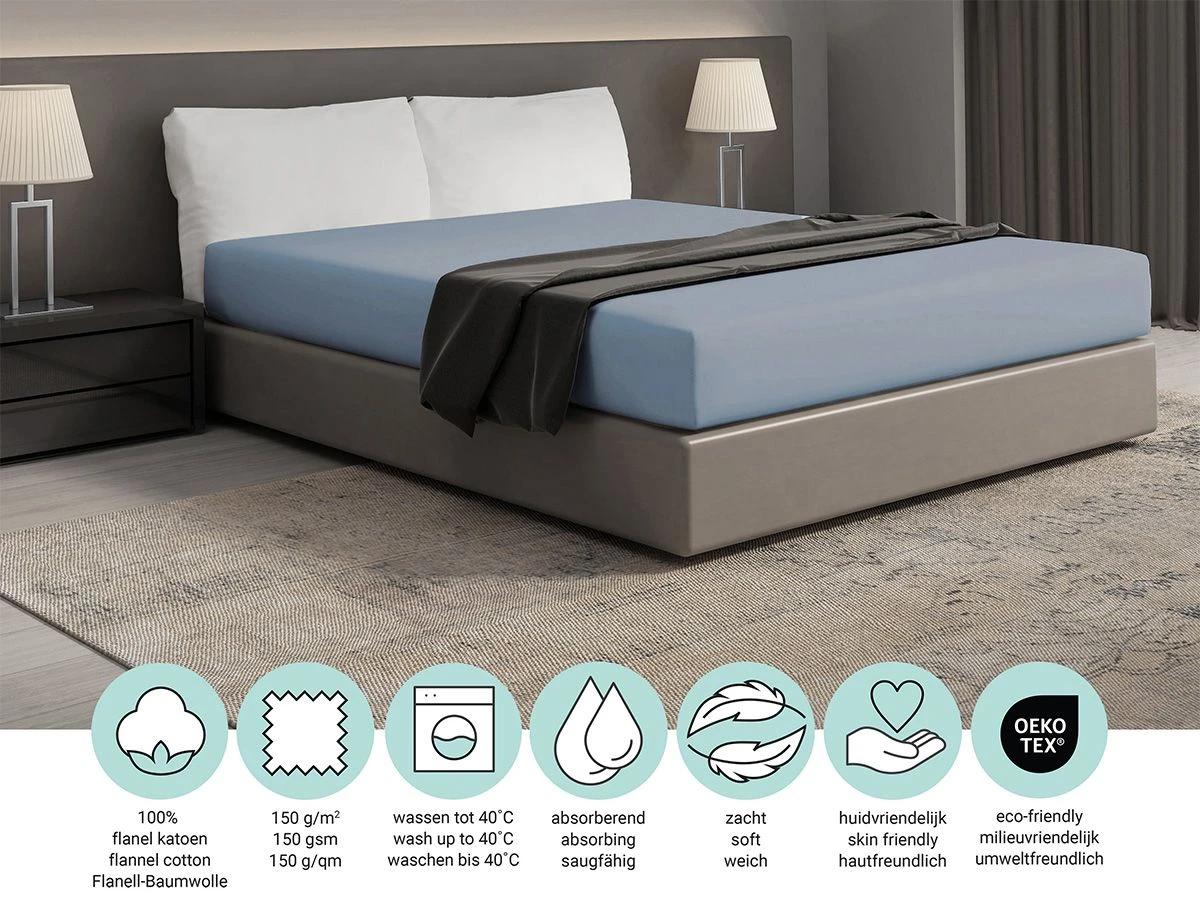 DoubleDry Flanel 180x200 Cm Hoeslaken - Wolk Blauw 4 DoubleDry Flanel 180x200 Cm Hoeslaken - Wolk Blauw - Afbeelding 4