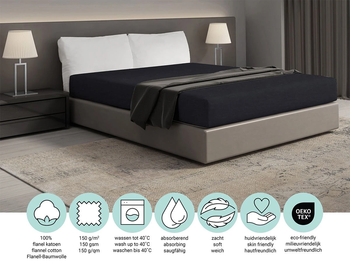 DoubleDry Flanel 180x200 Cm Hoeslaken - Zwartblauw 4 DoubleDry Flanel 180x200 Cm Hoeslaken - Zwartblauw - Afbeelding 4