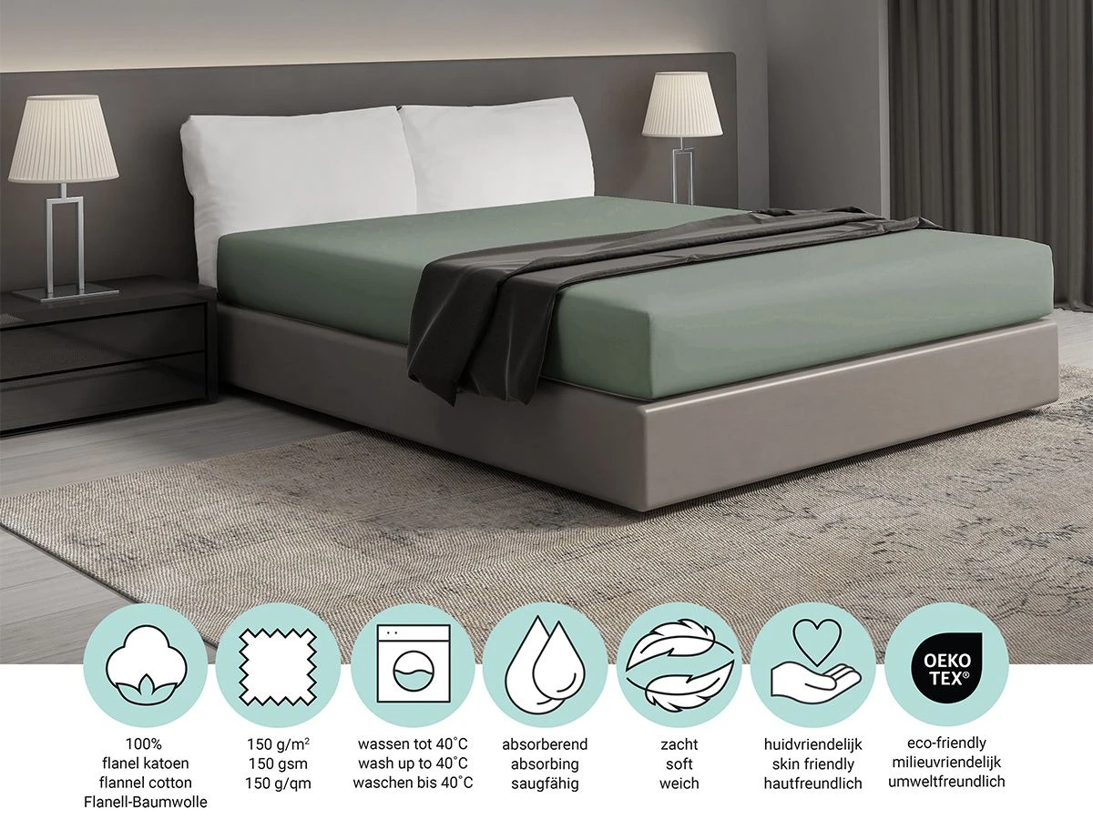 DoubleDry Flanel 180x200 Cm Hoeslaken - Oud Groen 4 DoubleDry Flanel 180x200 Cm Hoeslaken - Oud Groen - Afbeelding 4