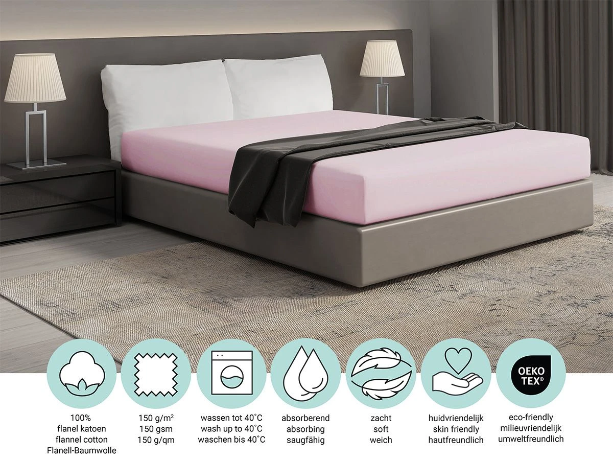 DoubleDry Flanel 90x200 Cm Hoeslaken - Lichtroze 4 DoubleDry Flanel 90x200 Cm Hoeslaken - Lichtroze - Afbeelding 4